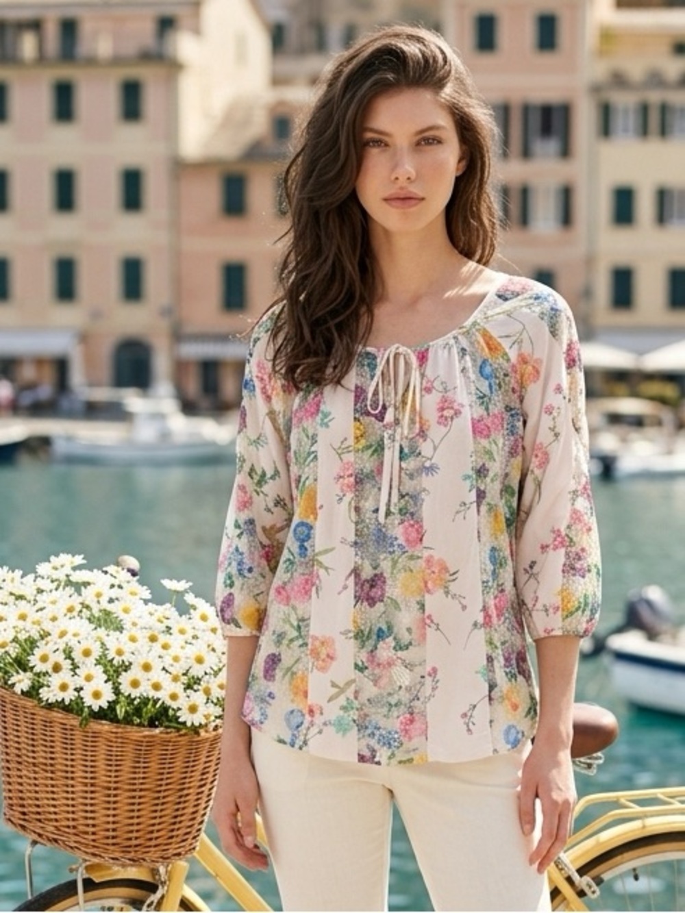 fig and flower Anthropologie  Cream Floral Peasant Blouse with Pastel Accents